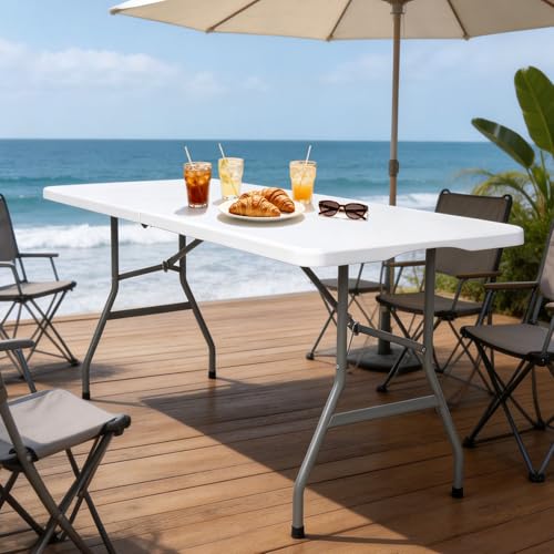 6ft Heavy Duty Folding Table - Portable Fold-in-Half Utility Table