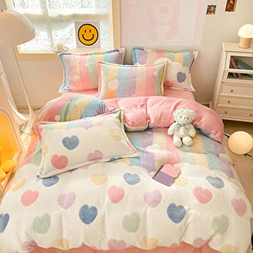 Pink Rainbow Twin Duvet Cover Set, Fluffy Shaggy Bedding for Kids Girls