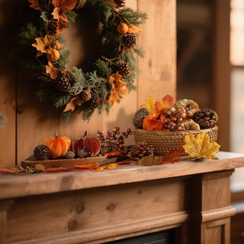 51-Piece Artificial Fall Harvest Decor Set with Pumpkins and Maple Leaves