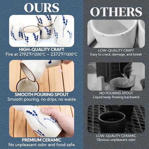 Ceramic Sake Set for 4 - Japanese Porcelain Sake Carafe & Cups - Gift Ready