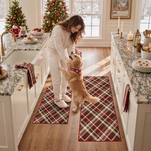 GENIMO Christmas Kitchen Rugs Set of 2, 20x32 + 20x48, Non-Slip, Red Beige