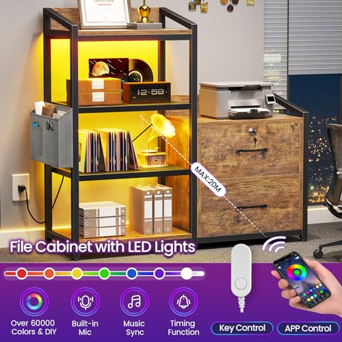 2-Drawer Filing Cabinet with Power Strip, RGB LED Lights and Open Shelving