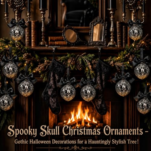 Halloween Skull Tree Ornaments - 12 Pack Black Gothic Christmas Decor