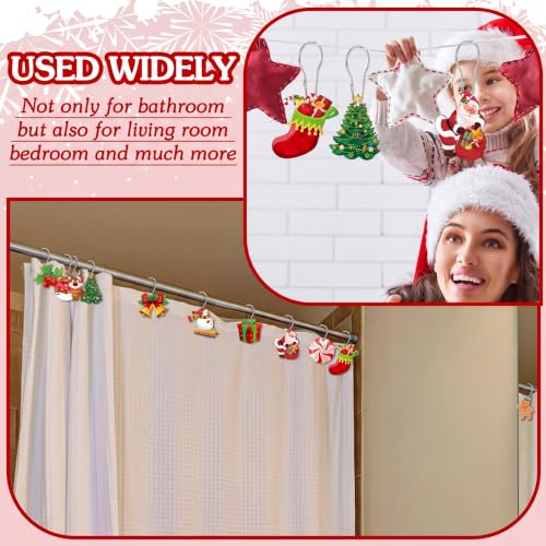 Christmas Shower Curtain Hooks 24 Sets (48 Pieces) Wood & Metal Xmas Ring Clips