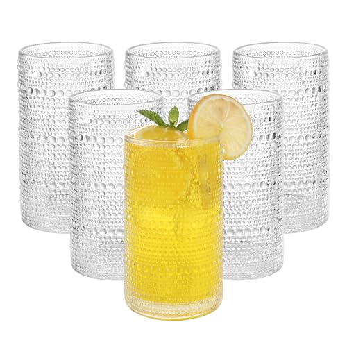 Vintage Hobnail Drinking Glasses Set of 6, 16 oz Embossed Glass Tumblers
