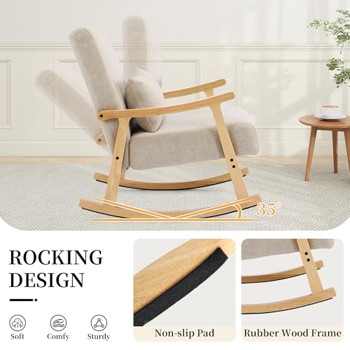 Mid-Century Modern Upholstered Rocking Chair with Lumbar Pillow, Light Gray