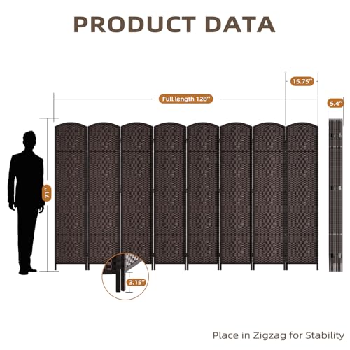 8-Panel Room Divider, 6ft Tall Folding Privacy Screen in Dark Mocha