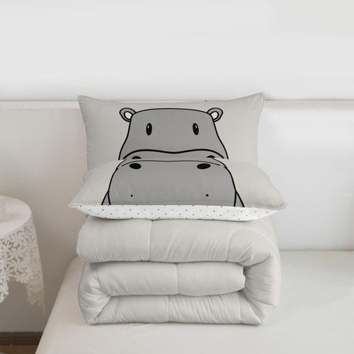 jejeloiu Kids Hippo Bedding Set Twin Size Cute Hippopotamus Comforter Set Be Happy Quote Comforter Boys Girls Teens Ultra Soft Cartoon Grey
