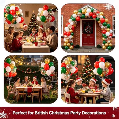 Christmas Balloons Set - Green, Red, White, Gold Latex & Confetti Balloons, Red & Green Ribbons - Xmas Decoration (Variation 2)