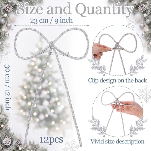 Suncalla 6 Pack 9x12 Inch Silver Glitter Rhinestone Christmas Bow Ornaments