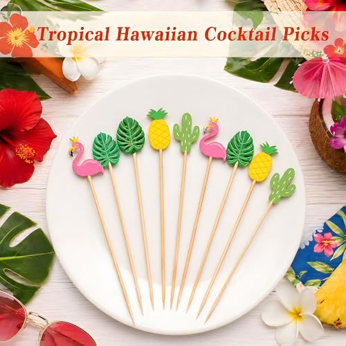 OHOME Luau Party Decorations - 48 Tropical Cocktail Picks with Flamingo, Pineapple & Cactus Designs