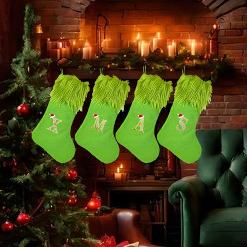 Bemuiz 18 Inch Green Monogram Christmas Stocking - F Variation, Elf Fur Trim
