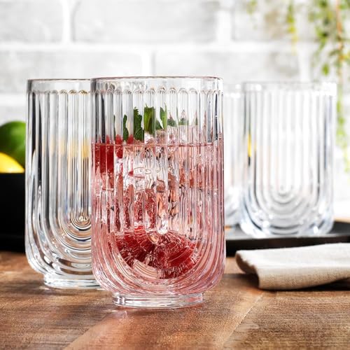 16-Piece Ribbed Glassware Set, Art Deco Highball and DOF Drinking Glasses