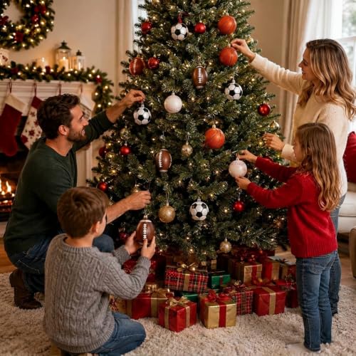 Syhood 64 Pcs Christmas Ball Ornaments with Hanging Loop – Football, Basketball, Rugby & Baseball Shapes