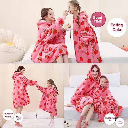 Oversized Strawberry Wearable Blanket Hoodie with Pockets and Sherpa Lining
