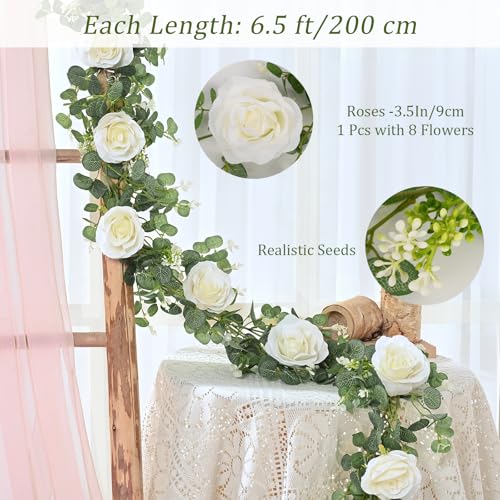 2Pcs 13Ft Eucalyptus Garlands with 8 White Roses - Faux Floral Decor for Weddings and Events
