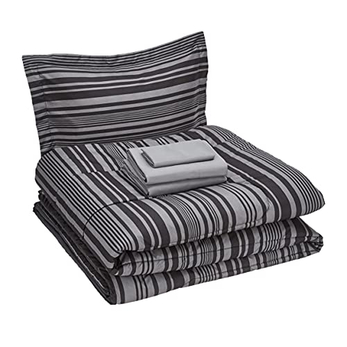 5-Piece Lightweight Microfiber Comforter & Sheet Set, Gray Striped Twin/Twin XL