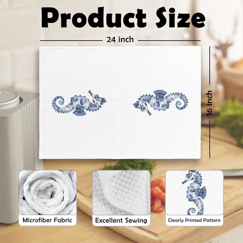 Summer22 Coastal Seahorse Kitchen Dish Towels Set of 2 - Blue & White Chinoiserie Decor