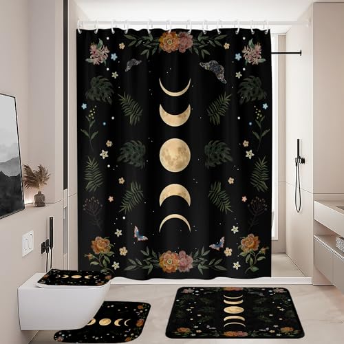 Gothic Celestial Moon Shower Curtain Set - 4-Piece Bathroom Decor Set