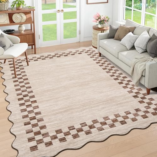 5x7 Scalloped Washable Area Rug - Non-Slip Stain-Resistant Beige Carpet