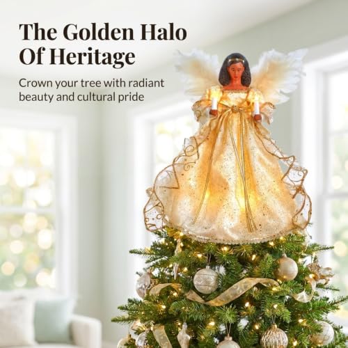 The Bridge Collection African-American Angel Tree Topper, 12" Gold Christmas