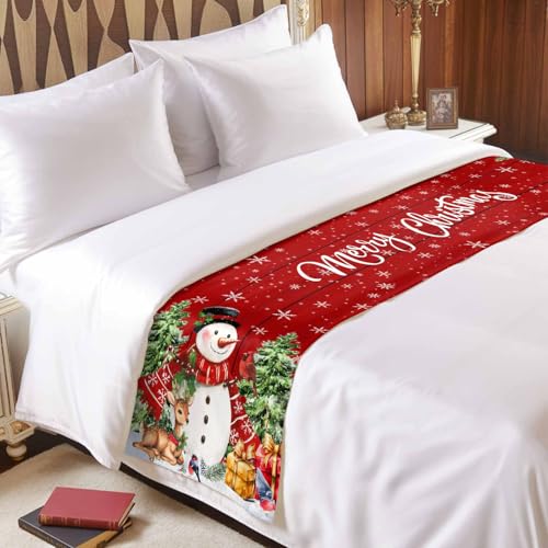 Red Christmas Snowman Bed Runner for Full/Queen Size Bed (83x20 Inches)