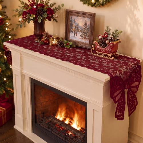 Windkream Burgundy Lace Table Runner with Bow Ends 12x71 Inch for Holiday & Wedding Decor