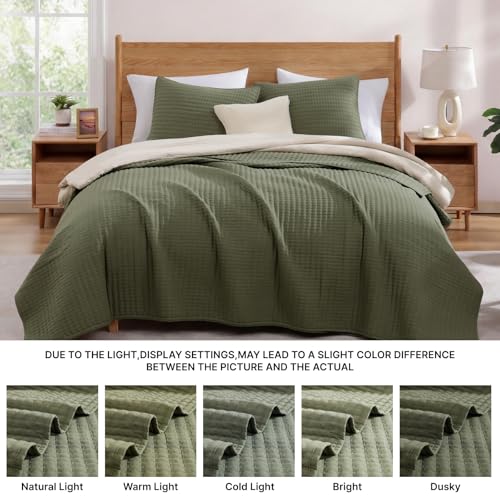 Olive Green Oversized Cal King Quilt Set - 3-Piece Lightweight Bedspread & Shams