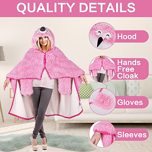Happy Fuel Flamingo Wearable Hooded Blanket for Adults - Fluffy Furry Fleece & Sherpa Cozy Wrap