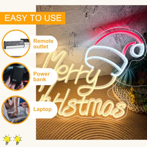 Allball Merry Christmas Neon Sign Wall Decor USB Dimmable LED Santa Hat Light - Warm White, Cold White & Red
