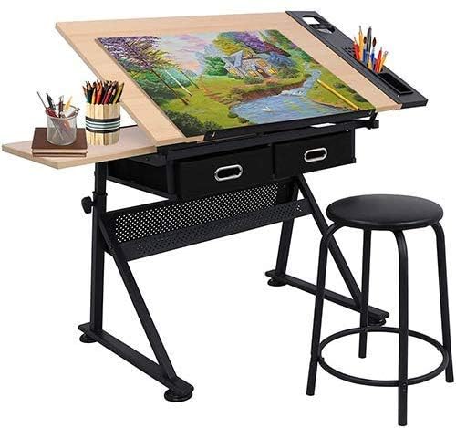 Adjustable Drafting Table with Stool and 2 Drawers, Tilting Art Desk