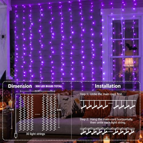 YEGUO Purple 900 LED Curtain Lights, 8 Modes Plug-in Window Backdrop 9.8 x 29.5ft (Indoor/Outdoor) Halloween
