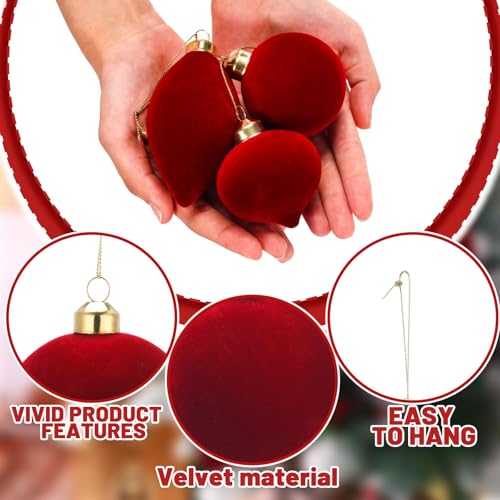 Red Velvet Christmas Ball Ornaments 12Pcs Glass Flocked Decorative Ornaments