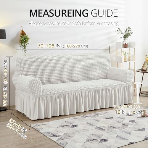 Ivory Stretch Sofa Cover with Skirt | Durable Slipcover for 3-Seater