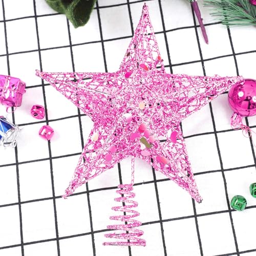 URATOT 8-Inch Pink Glittered Metal Christmas Tree Topper Star - Festive Treetop Decoration