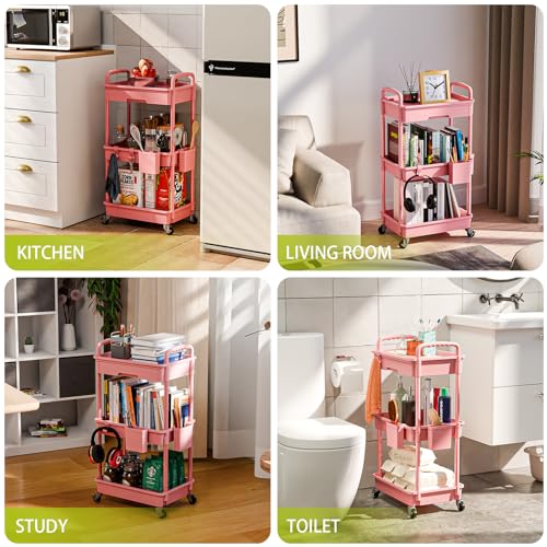 3-Tier Rolling Utility Cart with Drawer & Hooks, Pink Mobile Storage Shelf