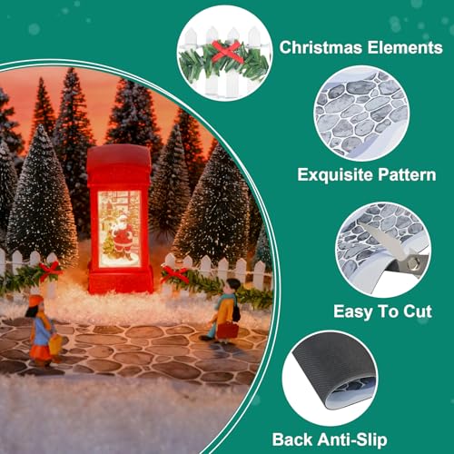 4PCS Christmas Village Accessories Sets, 2PCS 4.7" x 47.2"Christmas Village Brick Snow Road Street Mat & 2PCS 35"Wooden Picket Fence,Villages Landscape Road Mats Decoration for DIY Miniature Landscape