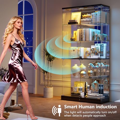 5-Tier Glass Display Cabinet with RGB LED Lights, Lock and Motion Sensor