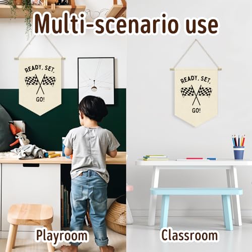 Ready Set Go Race Car Pennant Banner - Linen Wall Hanging for Kids Room