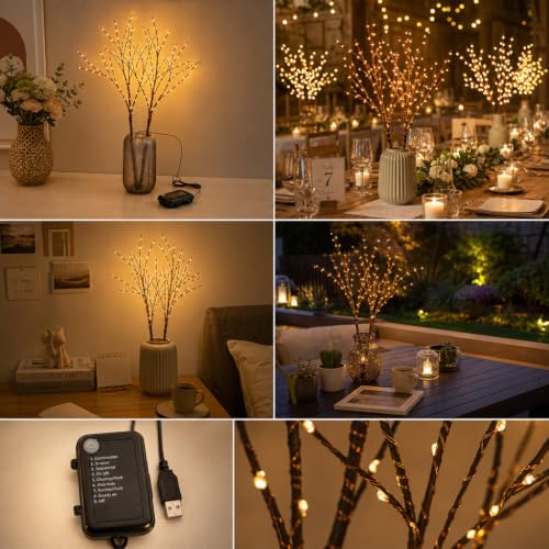 HelixBeam Warm White 200LED Branch Lights 34Inch | Detachable Twig Decor, USB & Battery Powered, 8 Modes, Large Vase Christmas Decor