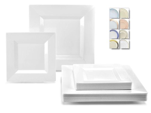 " OCCASIONS " 120 Plates Pack,(60 Guests) Wedding Party Square Disposable Plastic Plates Set -60 x 9.5'' Dinner + 60 x 6.5'' Dessert (Square White)