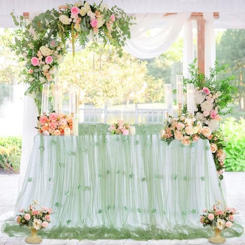 Sage Green Pearl Tulle Tablecloth 120x60 Inch for Wedding - 1Pcs Sage Flower Overlay