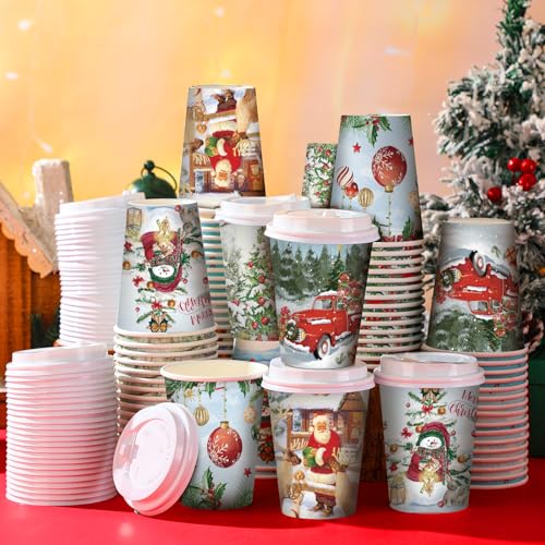 Gerrii 100-Piece Christmas Paper Cups 12 oz with Lids - Vintage Rural Style