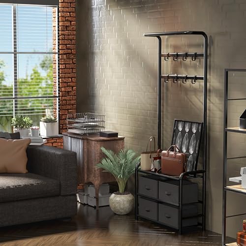 Standing Hall Tree with Hanging Rod, 8 Hooks, and Storage Shelves, Black Metal