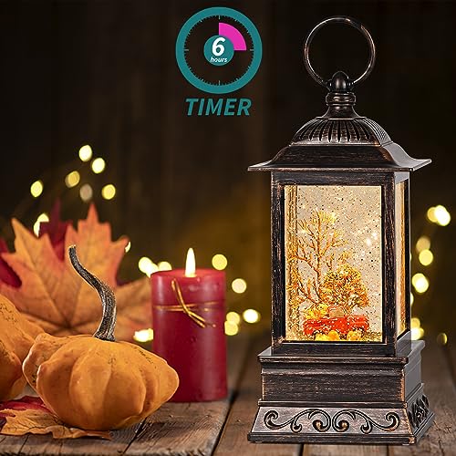 Lighted Fall Snow Globe Lantern with Red Truck, USB/Battery Powered Decor