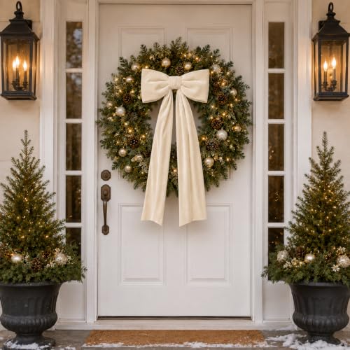 Senjie Extra-Large Beige Velvet Christmas Tree Topper Bow 16in x 35in