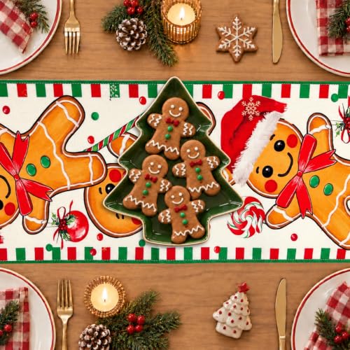 FreeNook Gingerbread 13x90 Inch Table Runner - Faux Linen Christmas Decor, 13" x 90"