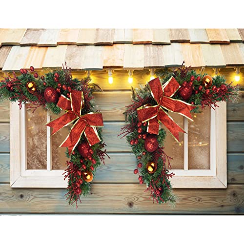 JOJAZE 31 Inch Christmas Swag Door & Wall Decor with Red Berries & Ribbon Bow