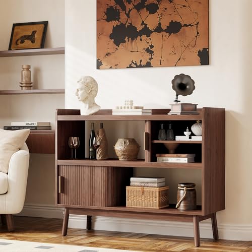 44" Mid-Century Sideboard Buffet Cabinet with Outlet and Sliding Doors