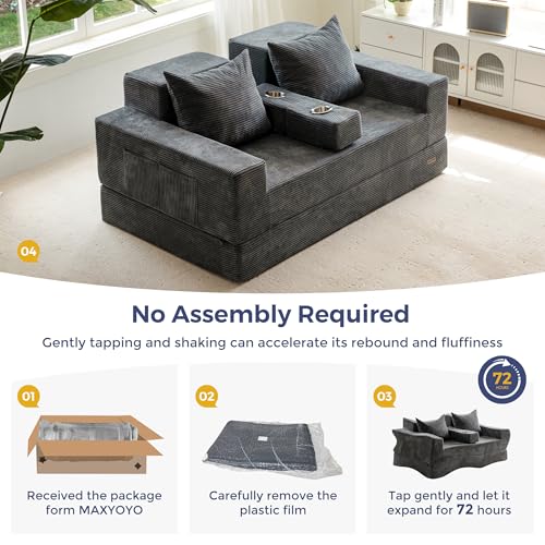 64-Inch Foldable Loveseat Sofa Bed with Cup Holders, Grey Corded Fabric